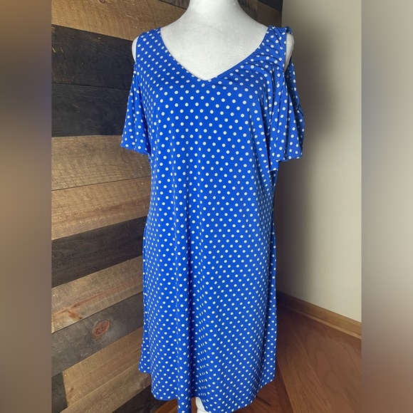 MSK Blue Polka Dot Dress, Size Large - Picture 1 of 9